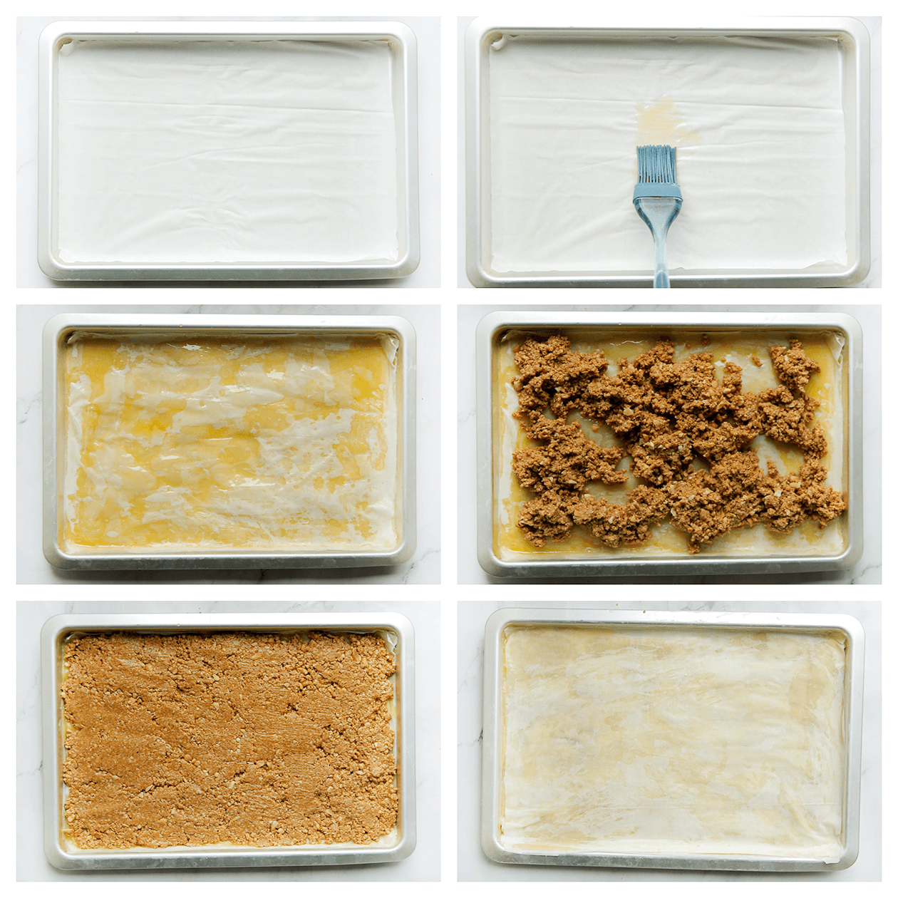 Filodeeg vellen op elkaar stapelen met roomboter en vullen met het pindamengsel