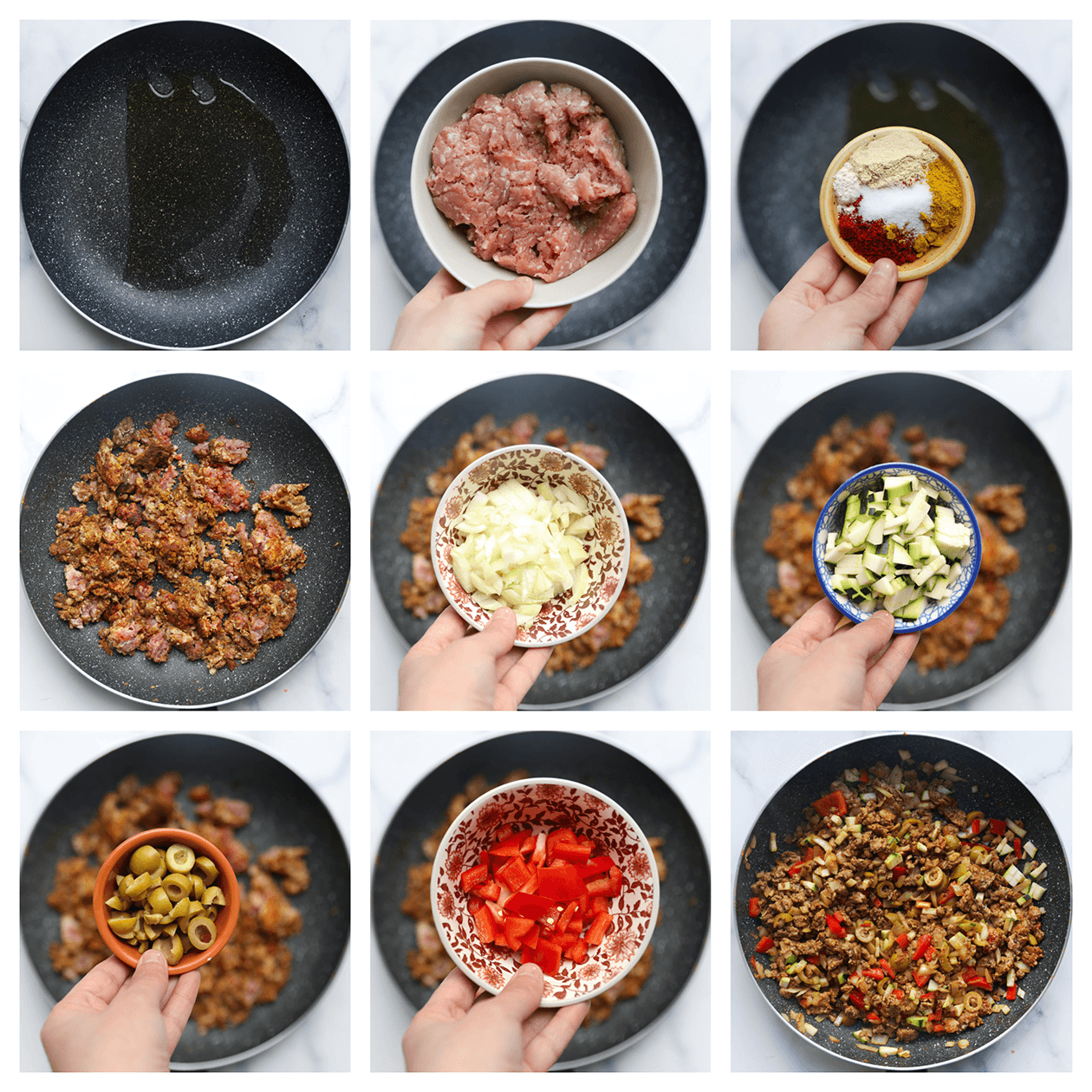 Gehakt bakken met groenten in een koekenpan