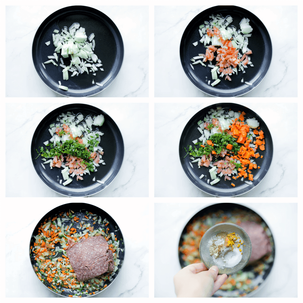 Ga verder in een andere koekenpan en verhit de olijfolie op middelhoog vuur. Voeg de gele ui, tomaat, peterselie en wortel toe. Bak 4 minuten. Voeg het gehakt, currypoeder, knoflookpoeder, cayennepeper, zwarte peper, uienpoeder en het zout toe. Bak 6-7 minuten.