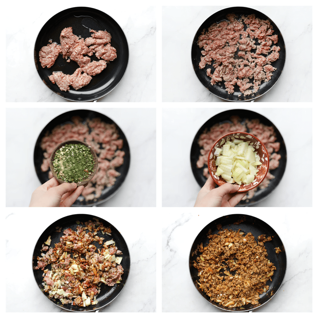 Verhit de olijfolie in een koekenpan op middelhoog vuur. Voeg het gehakt, knoflookpoeder, uinepoeder, de cayennepeper, paprikapoeder, Italiaanse kruiden, gedroogde peterselie, het zout en de gele ui toe. Bak 5-6 minuten.