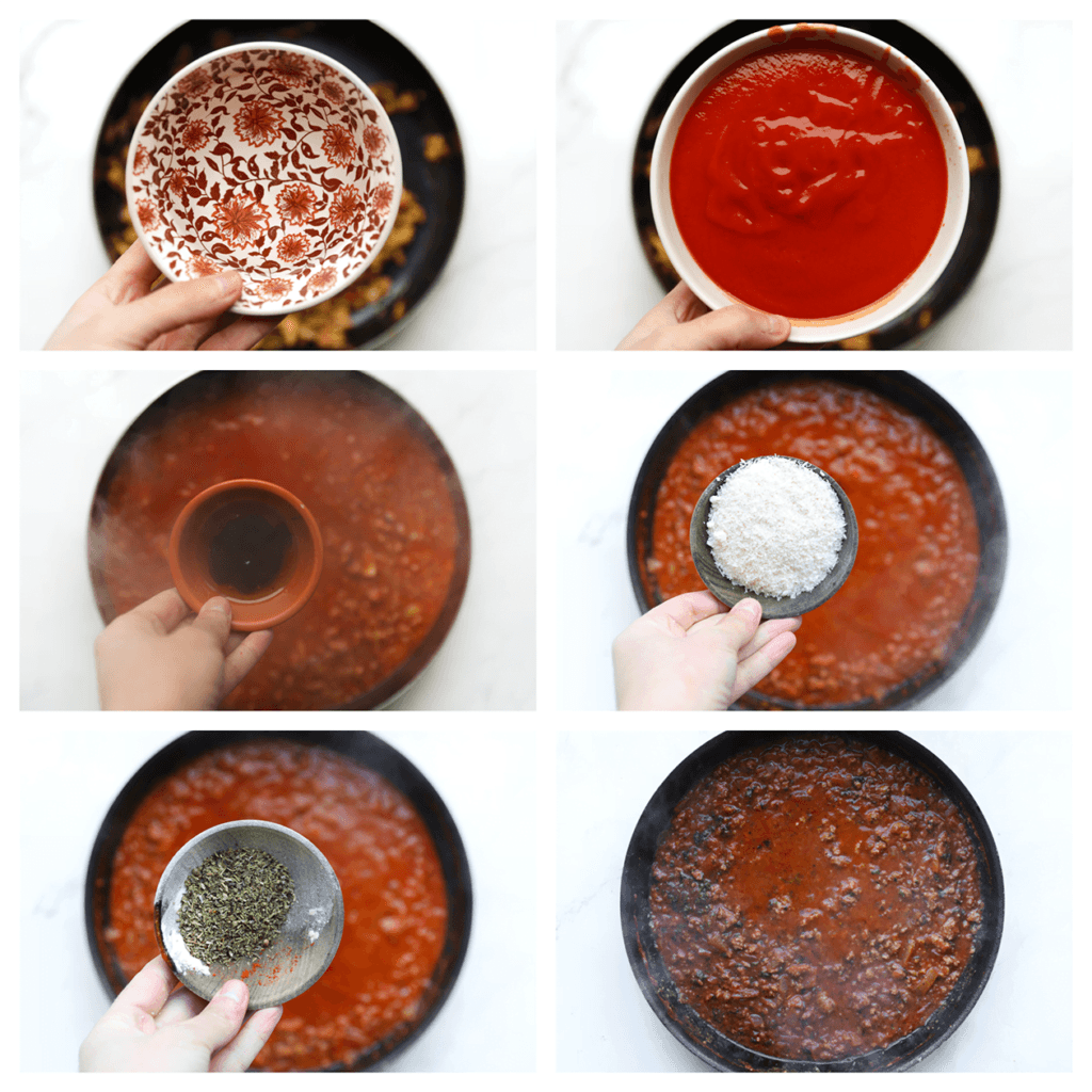 Voeg het water en de tomatensaus toe. Kook 4-5 minuten. Voeg de honing, Parmezaanse kaas en Italiaanse kruiden toe. Meng tot een geheel.