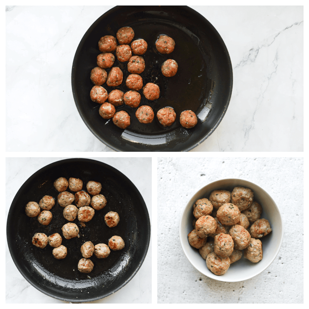 Verhit de koekenpan op middelhoog vuur. Voeg de gehaktballen toe en bak rondom goudbruin.