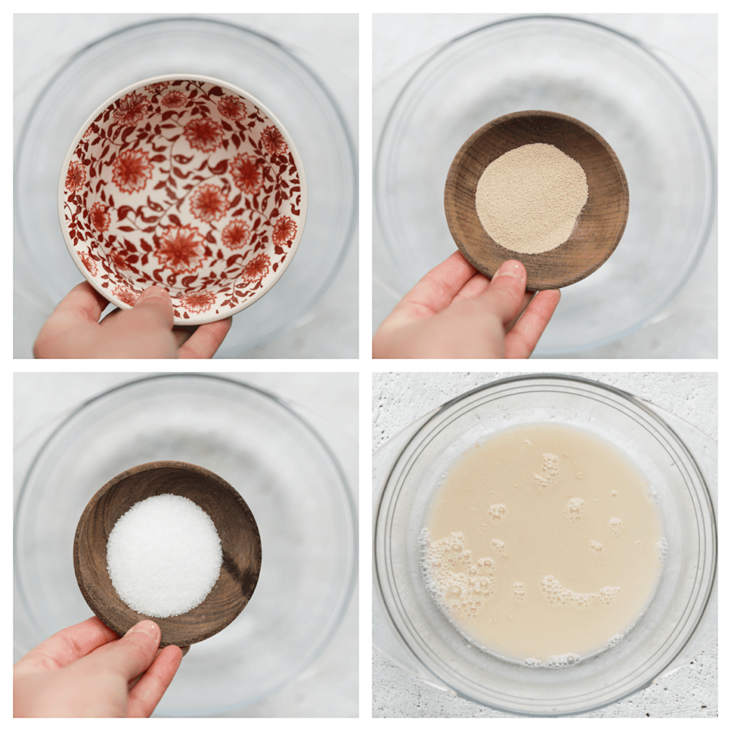 Doe het lauwwarme water samen met de suiker en gist in een kom en meng goed. Laat het 5 minuten staan.