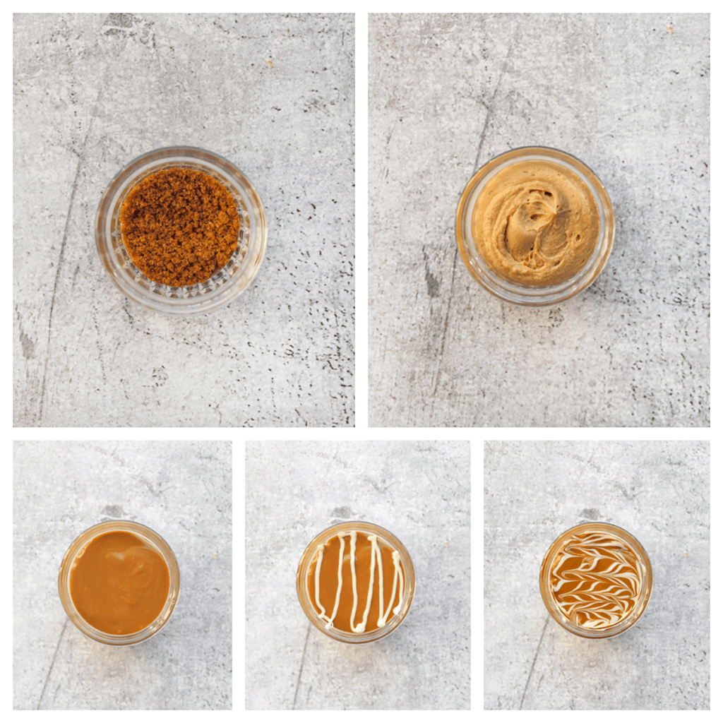 Neem een glas en vul deze met een laagje speculooskoek, room en speculoospasta. Spuit er lijntjes witte chocolade op. Ga er met een tandenstoker langs.