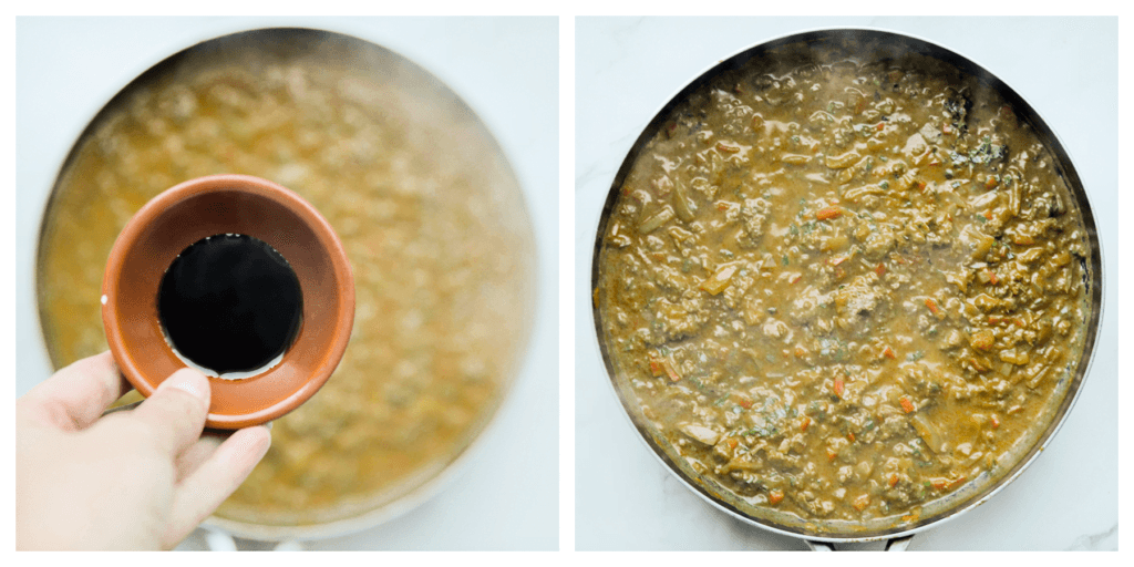 Voeg op het eind de ketjap manis toe en meng goed.