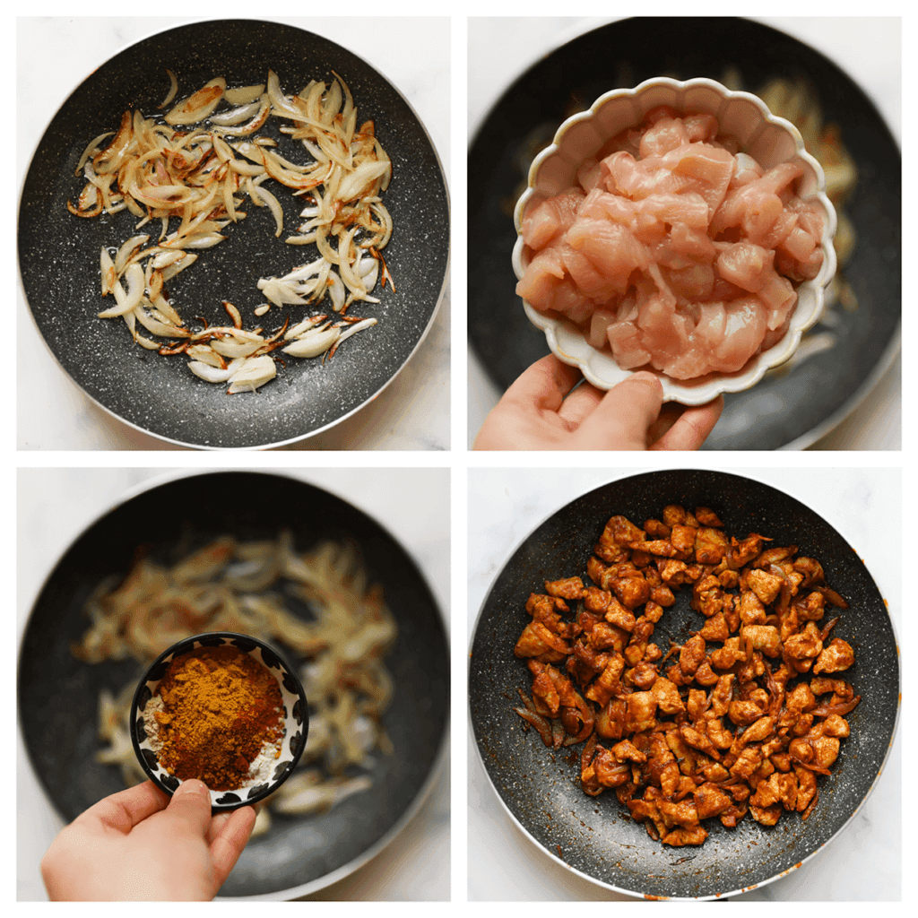 Verhit de zonnebloemolie in een koekenpan op middelhoog vuur. Voeg de gele ui toe en bak 5-8 minuten. Voeg de kipstukjes, knoflookpoeder, uienpoeder, kipkruiden, currypoeder, paprikapoeder en cayennepeper toe. Bak in ca. 6-7 minuten gaar.