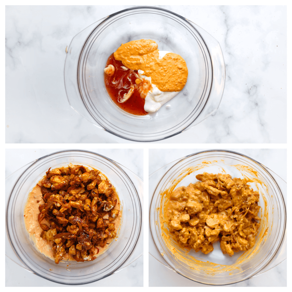 Doe de mayonaise samen met de Algériennesaus en chilisaus in een diepe kom. Meng goed. Voeg de kip toe en meng tot een geheel.