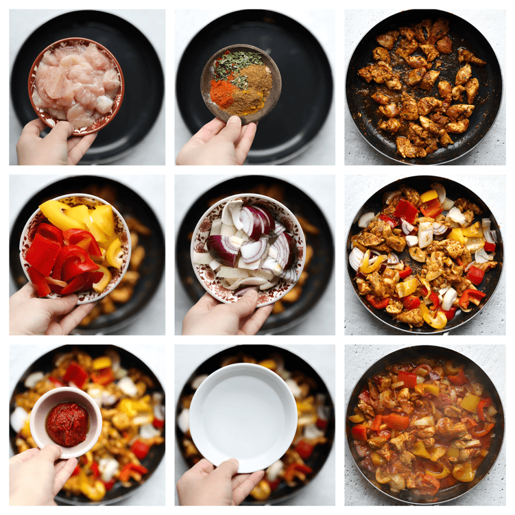 Was en snijd de kip in stukken. Verhit de zonnebloemolie in een koekenpan op middelhoog vuur. Voeg de kip, kipkruiden, komijnpoeder, paprikapoeder, knoflookpoeder, uienpoeder en zwarte peper toe. Bak gedurende 3-4 minuten. Voeg de rode paprika, gele paprika, gele ui en rode ui toe. Bak nog 4 minuten. Voeg de tomatenpuree, het water en zout toe. Kook gedurende 15 minuten.