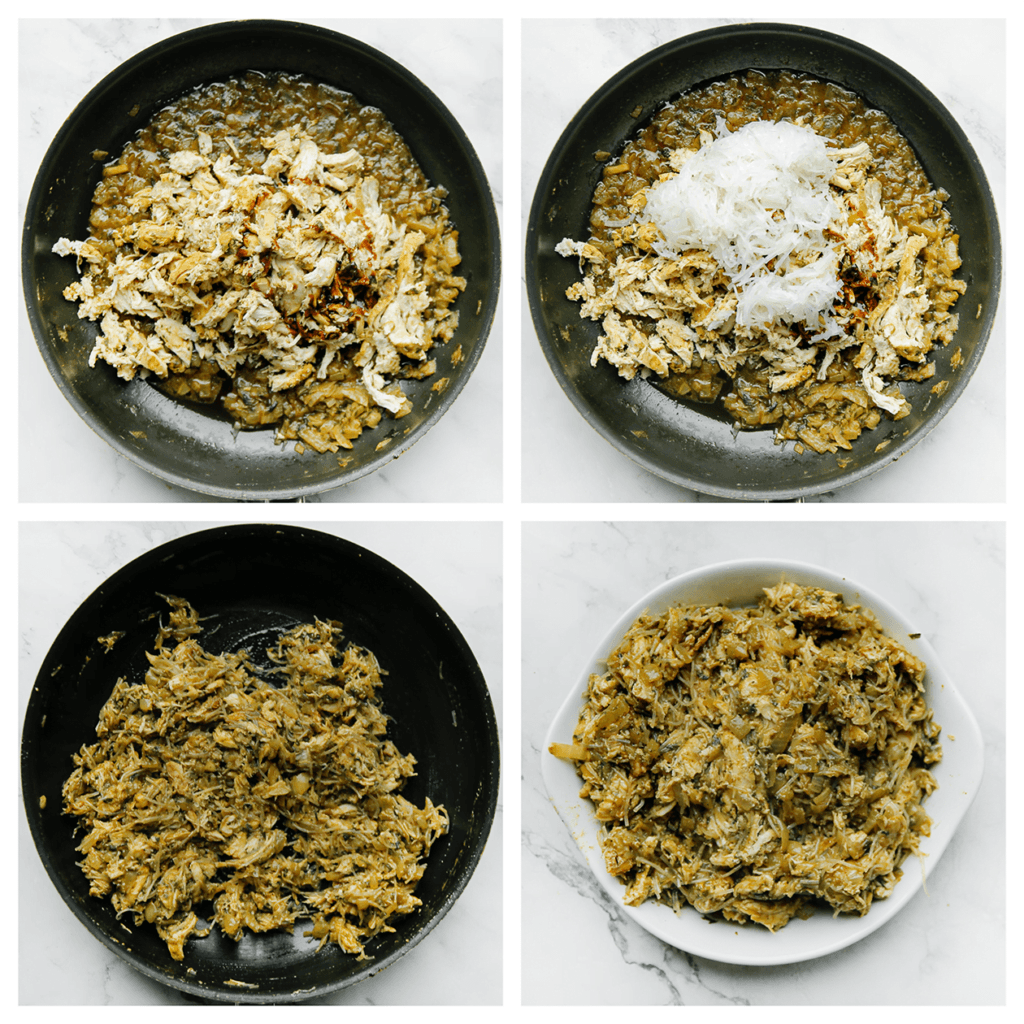 Voeg kip en mihoen toe aan de saus (eventueel zout naar smaak). Meng tot een geheel. Doe het kipmengsel in een diepe kom en laat deze compleet afkoelen.