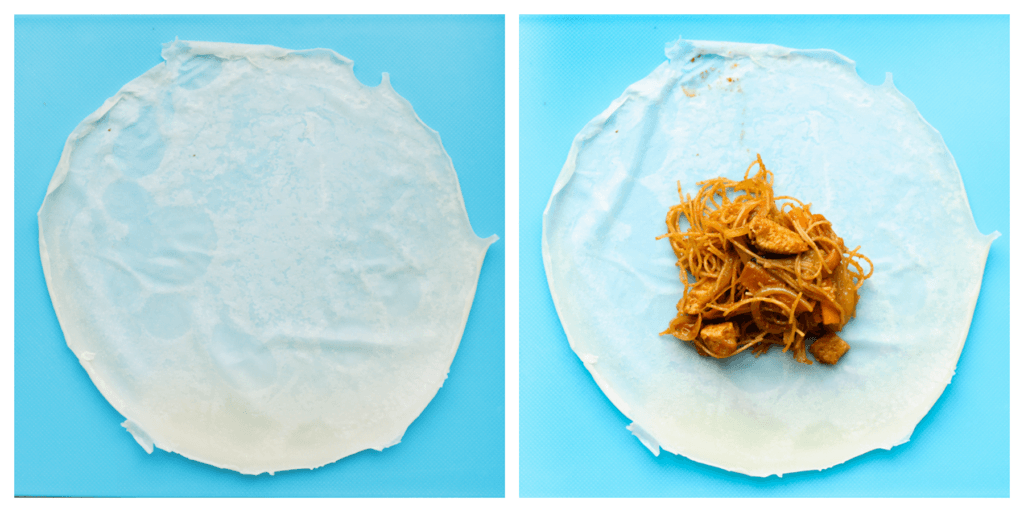 Neem wat van het kipmengsel en verdeel dit over een vel filodeeg. 