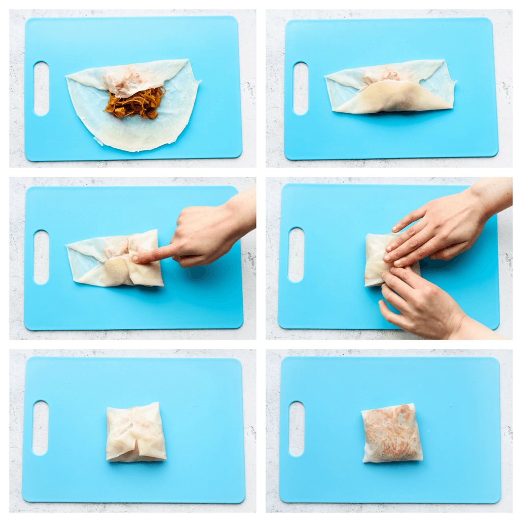 Vouw het filodeeg over het kipmengsel tot er een pakketje ontstaat.