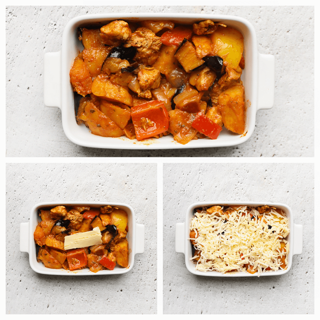 Doe het aardappelmengsel in een ovenschaal. Leg er een blokje roomboter op, gevolgd door wat geraspte kaas. Zet de ovenschaal in een voorverwarmde oven op 200 ℃. Bak gedurende 8-10 minuten, of totdat de kaas goudbruin is gekleurd.