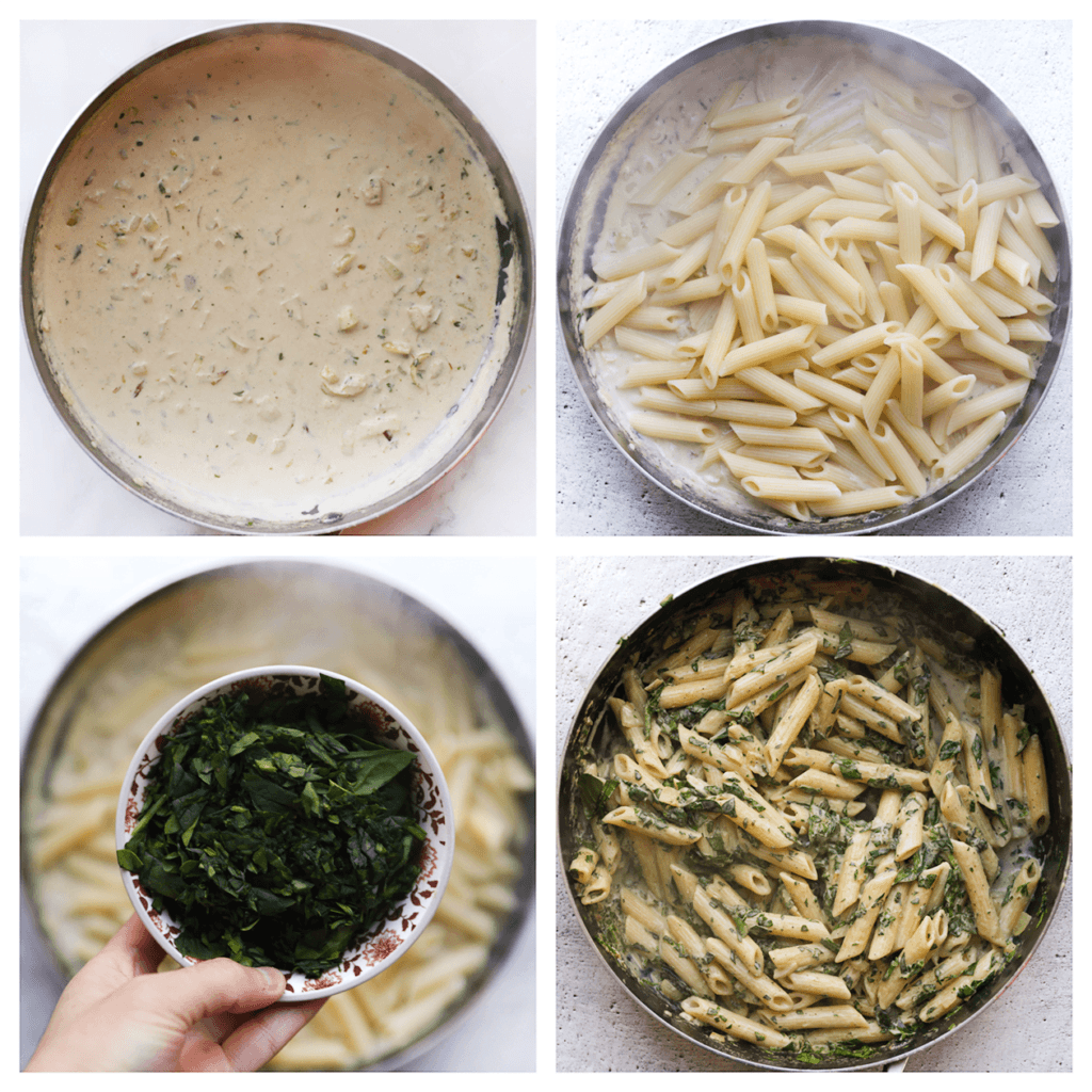 Voeg de penne en gehakte spinazie toe aan de roomsaus. Meng goed.