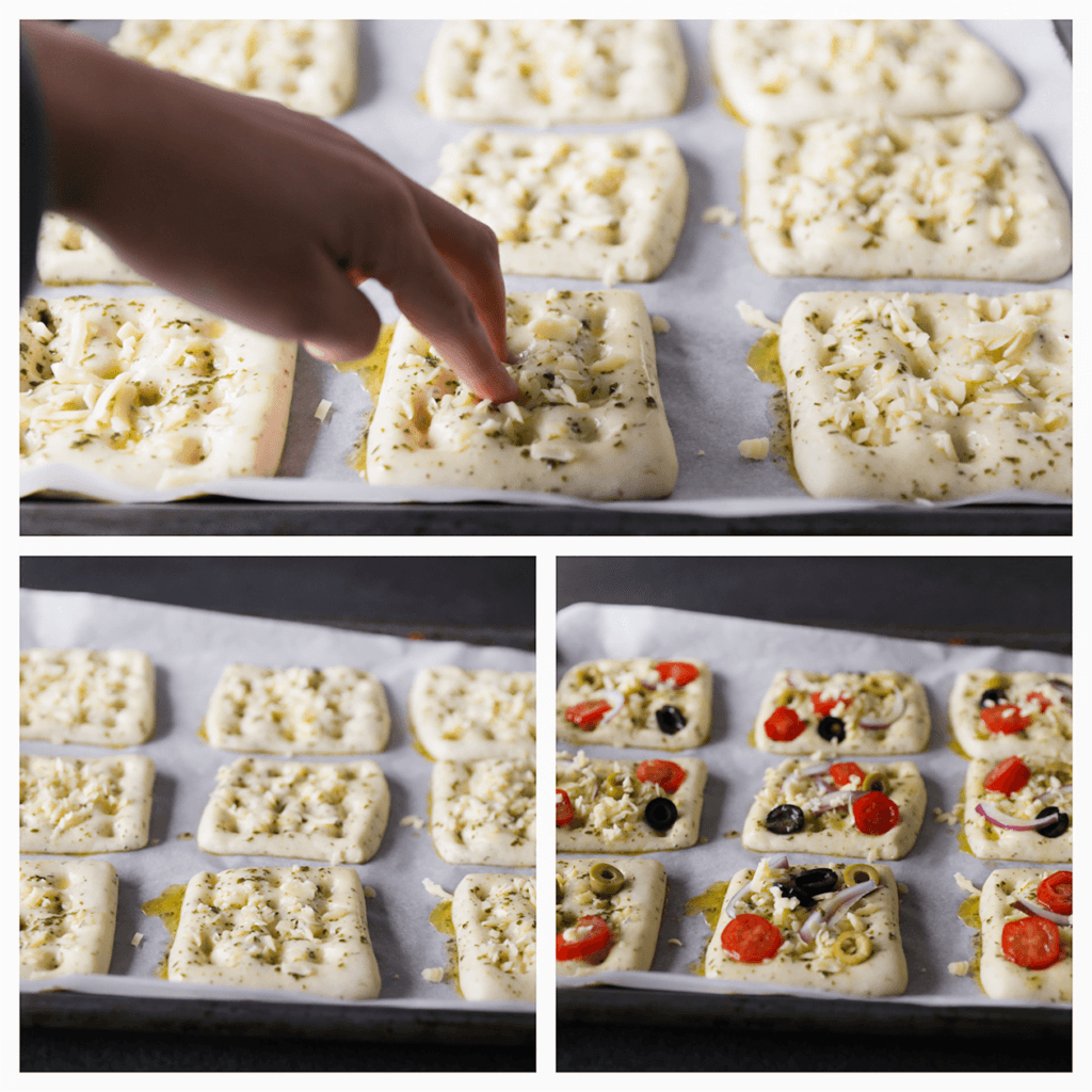 Druk het deeg in met je vingertoppen en garneer met rode ui, snoeptomaatjes en olijven.