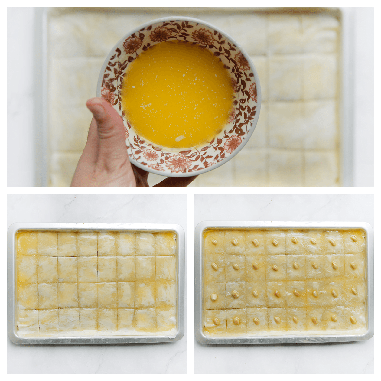 Pinda baklava bedekken met roomboter en garneren met pinda's