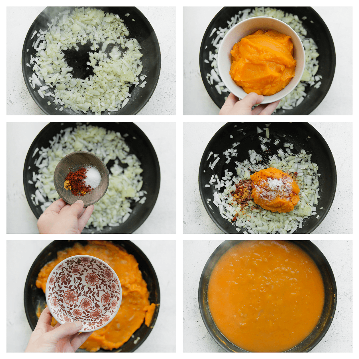 Pompoen koken in water met verse kruiden en gele ui