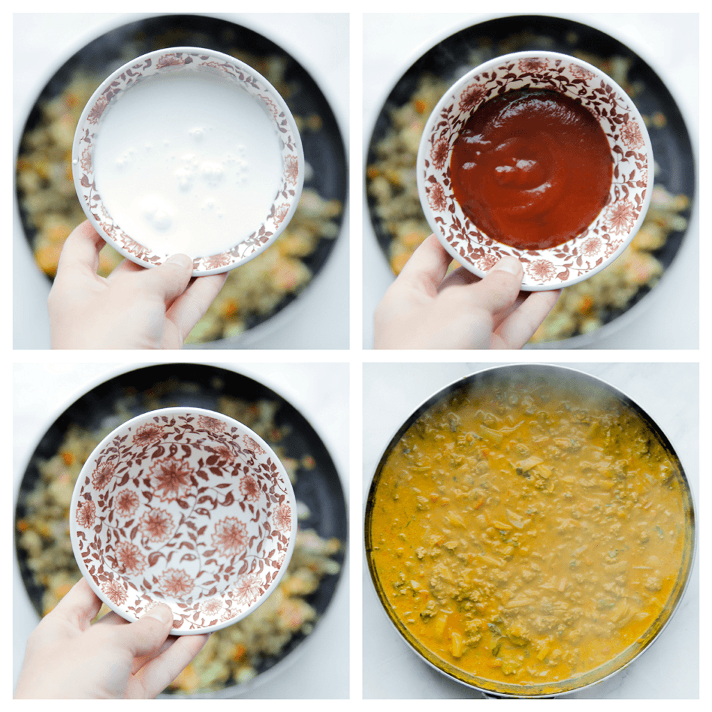 Voeg het water, de kokosmelk en gezeefde tomatensaus toe. Kook 5-6 minuten of tot de saus is ingedikt.