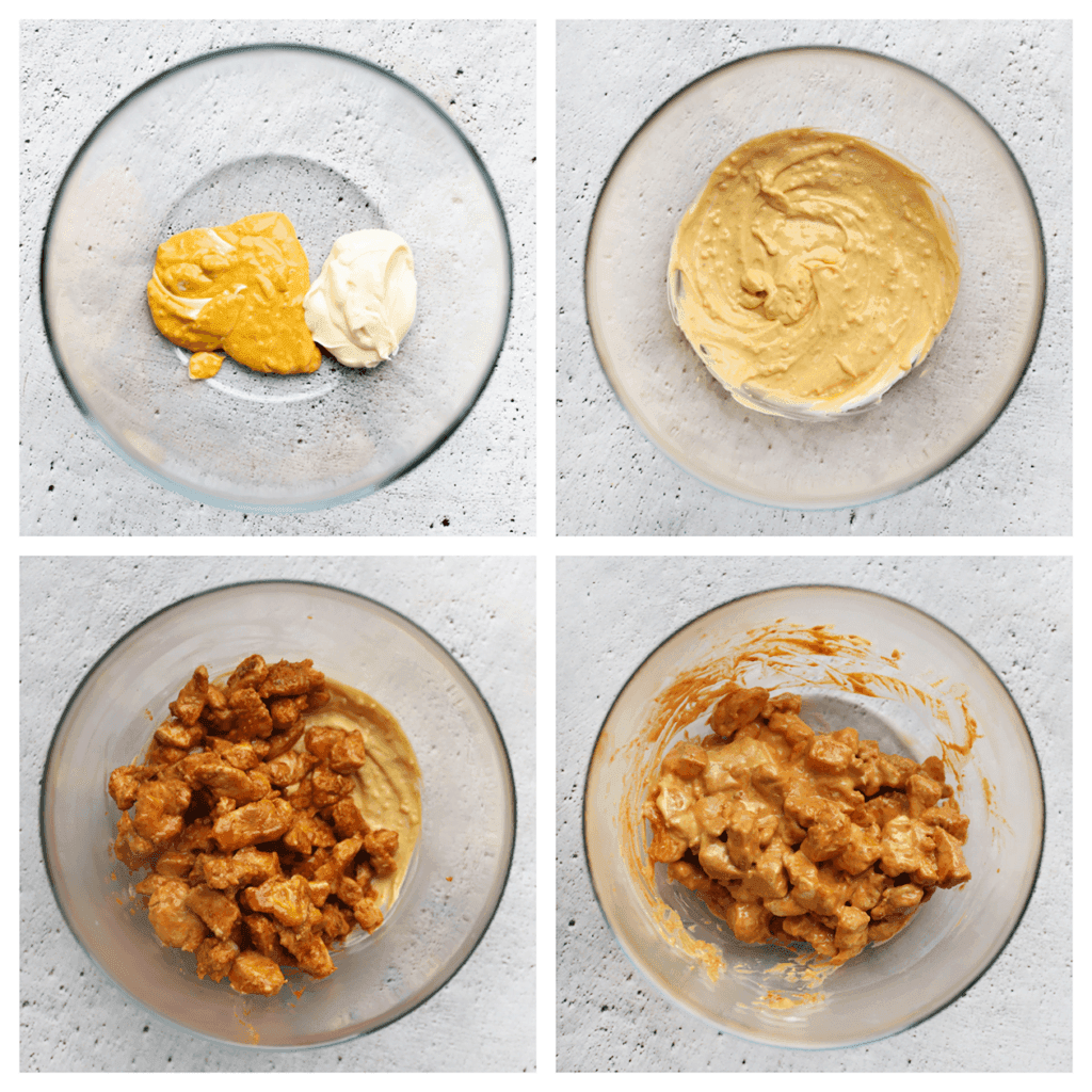 Doe de uiensaus samen met de mayonaise in een diepe kom. Meng alles goed door elkaar. Voeg de kip toe en meng alles tot een geheel.