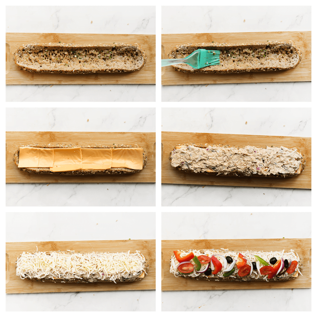 Snijd de binnenste van het stokbrood eruit en smeer het dan goed in met kruidenboter. Leg er plakjes cheddar op en verdeel het tonijnmengsel erop. Strooi er wat geraspte kaas en groenten op die jij lekker vindt.