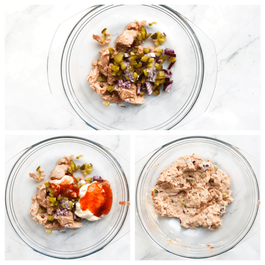 Laat de zonnebloemolie uitlekken van de tonijn. Doe de tonijn, mayonaise, chilisaus, rode ui en augurk toe. Meng tot een geheel.