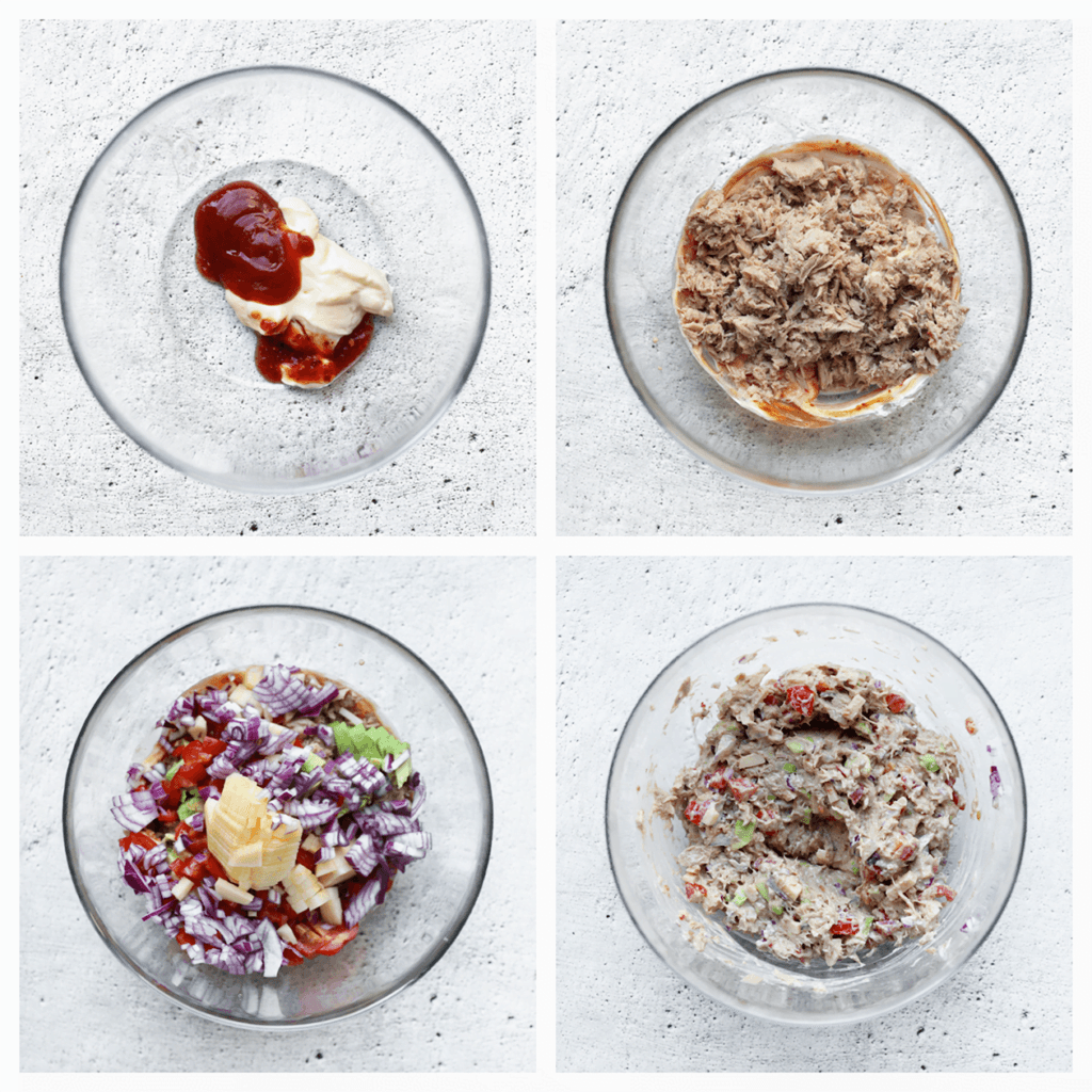 Doe de mayonaise samen met de ketchup en sambal in een diepe kom en meng goed. Voeg de tonijn, avocado, snoeptomaatjes, appel en rode ui toe. Meng alles goed tot een geheel.