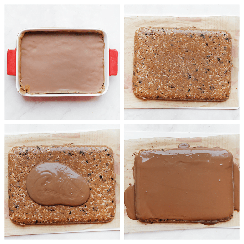 Haal de marmerkoek uit de ovenschaal/bakvorm en draai deze om. Giet de melkchocolade erover en laat gelijkmatig uitvloeien. Spuit er direct lijntjes op van witte chocolade. Neem een satéprikker en ga langs de lijntjes witte chocolade. Zo creëer je  het marmer effect. Leg, afgedekt, in de koelkast tot de chocolade stevig is.