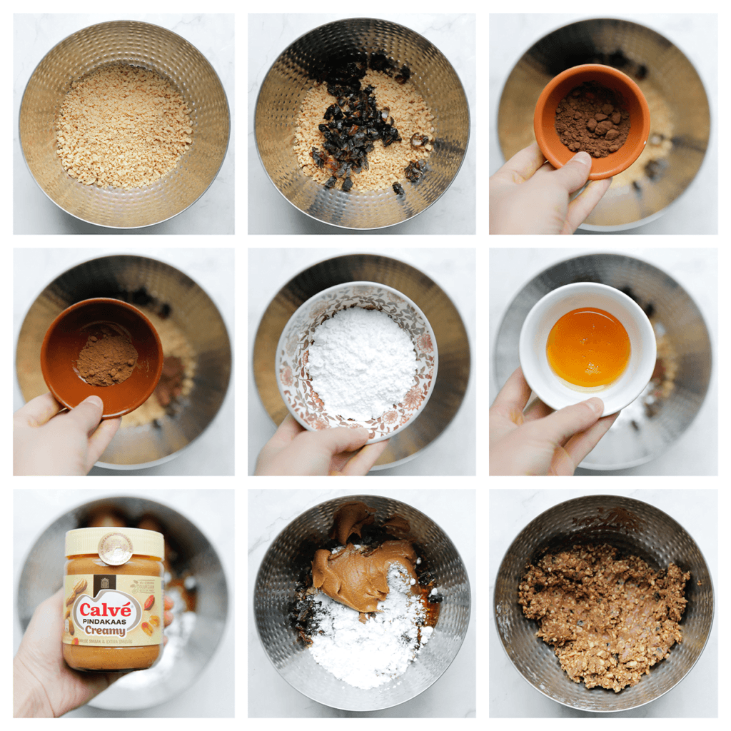 Doe de gemalen pinda’s in een diepe kom. Voeg de poedersuiker, honing, kaneelpoeder, cacaopoeder, Calvé pindakaas en dadels toe. Meng goed. Verdeel het pinda-mengsel over de bakvorm en druk plat. 