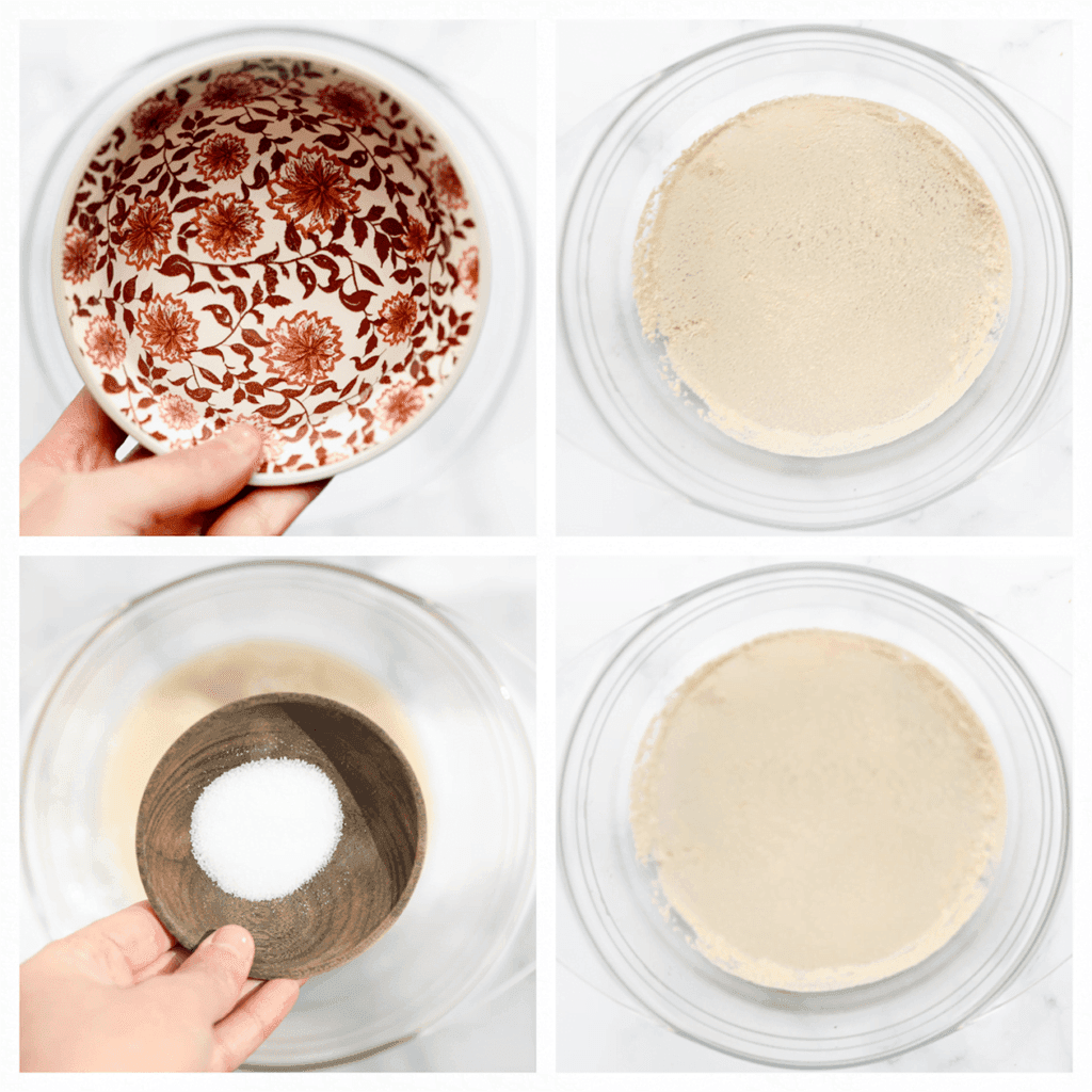 Doe het lauwwarme water samen met de suiker en gist in een kom. Meng goed. Laat 5 minuten staan.