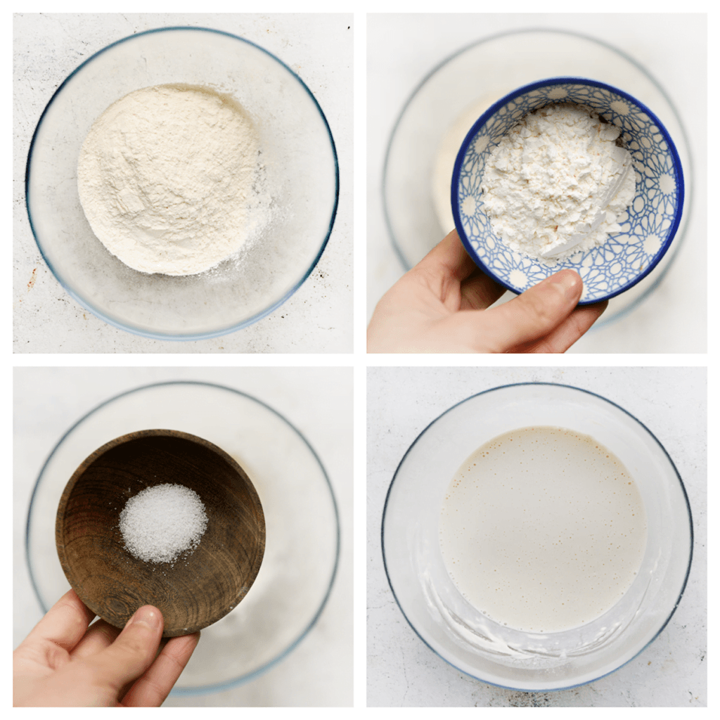 Doe de bloem, maïzena en het zout in een diepe kom en meng goed. Voeg beetje bij beetje water toe en meng met een garde tot een gladde massa.