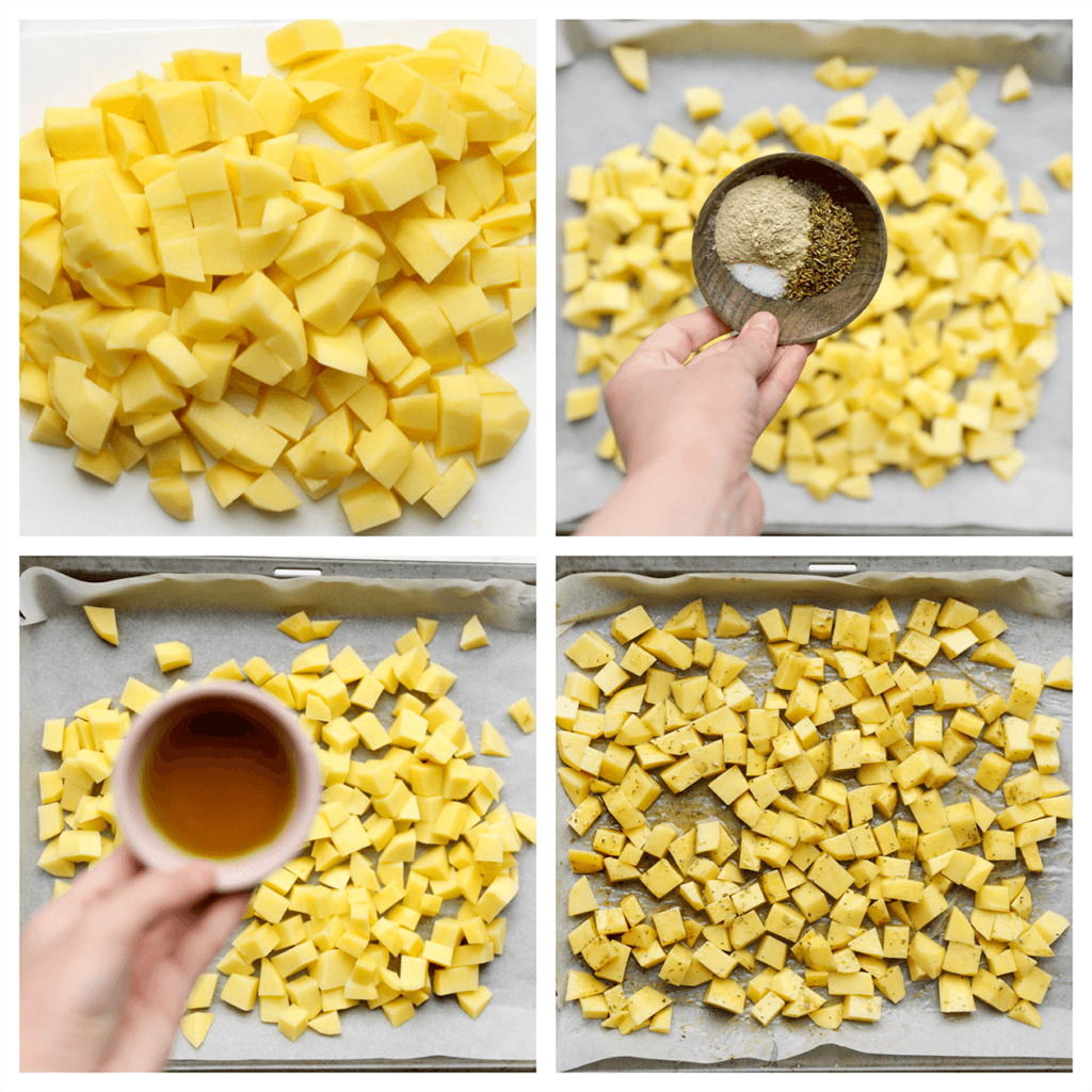 Schil de aardappels en snijd deze in blokjes. Verdeel de aardappelblokjes over een bakplaat met bakpapier. Voeg het zout, de Italiaanse kruiden, knoflookpoeder en olijfolie toe. Meng goed.
