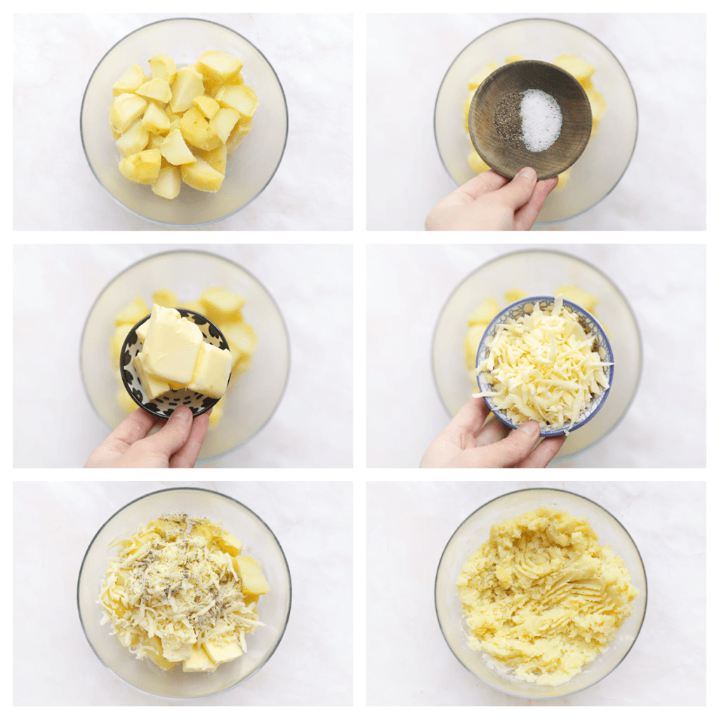 Doe de aardappels in een diepe kom. Voeg het zout, de zwarte peper, roomboter en geraspte kaas toe. Meng goed.