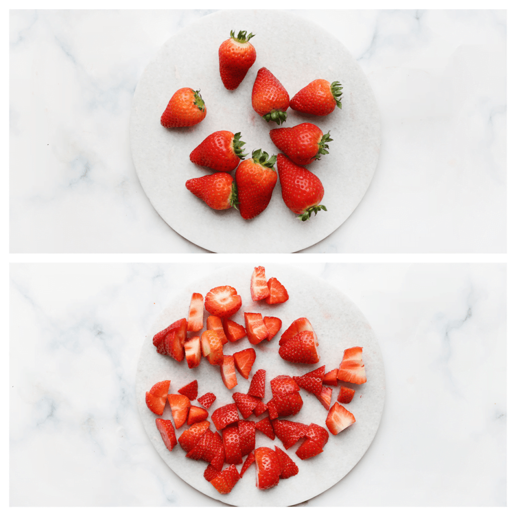Snijd de aardbeien in stukjes.