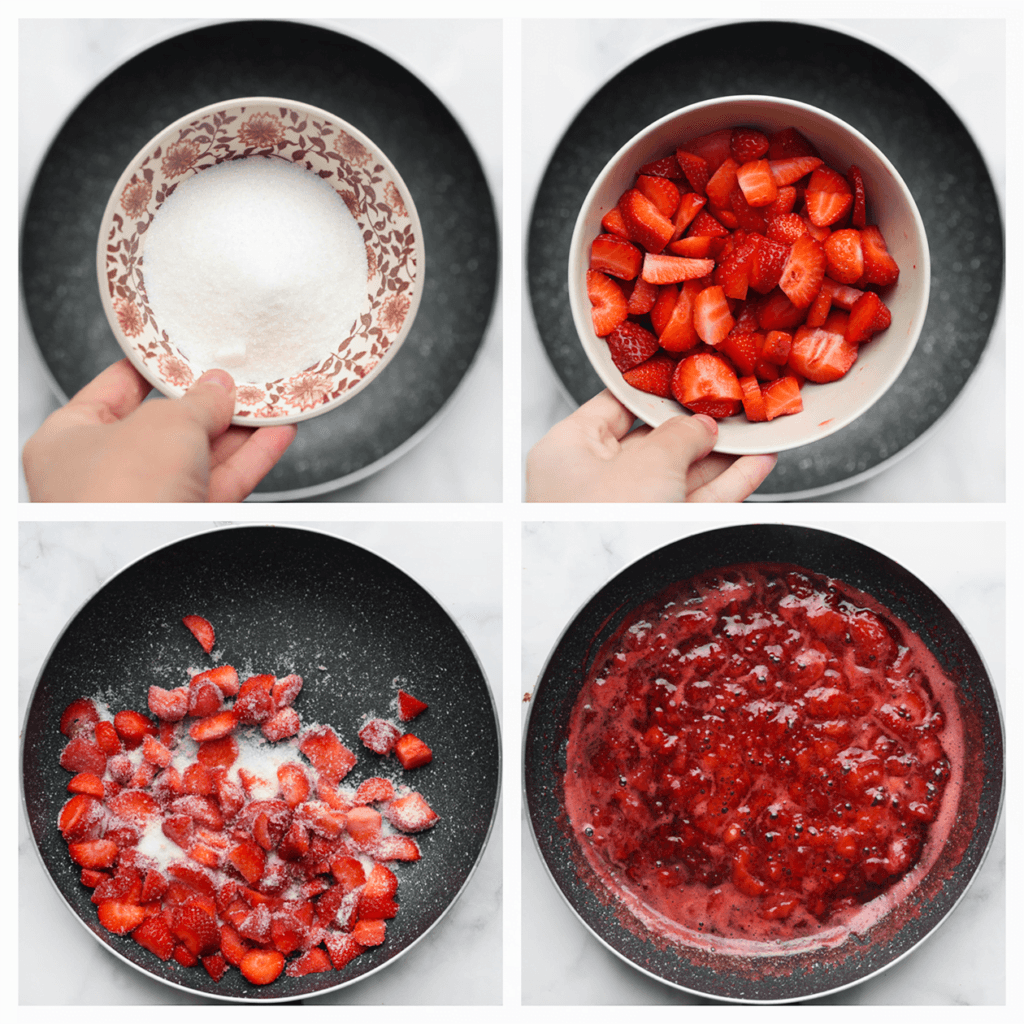 Verhit de koekenpan op middelhoog vuur. Voeg de suiker en aardbeien toe en laat het geheel 15 minuten pruttelen. Zet 100 gram en 40 gram van het aardbeienmengsel apart.