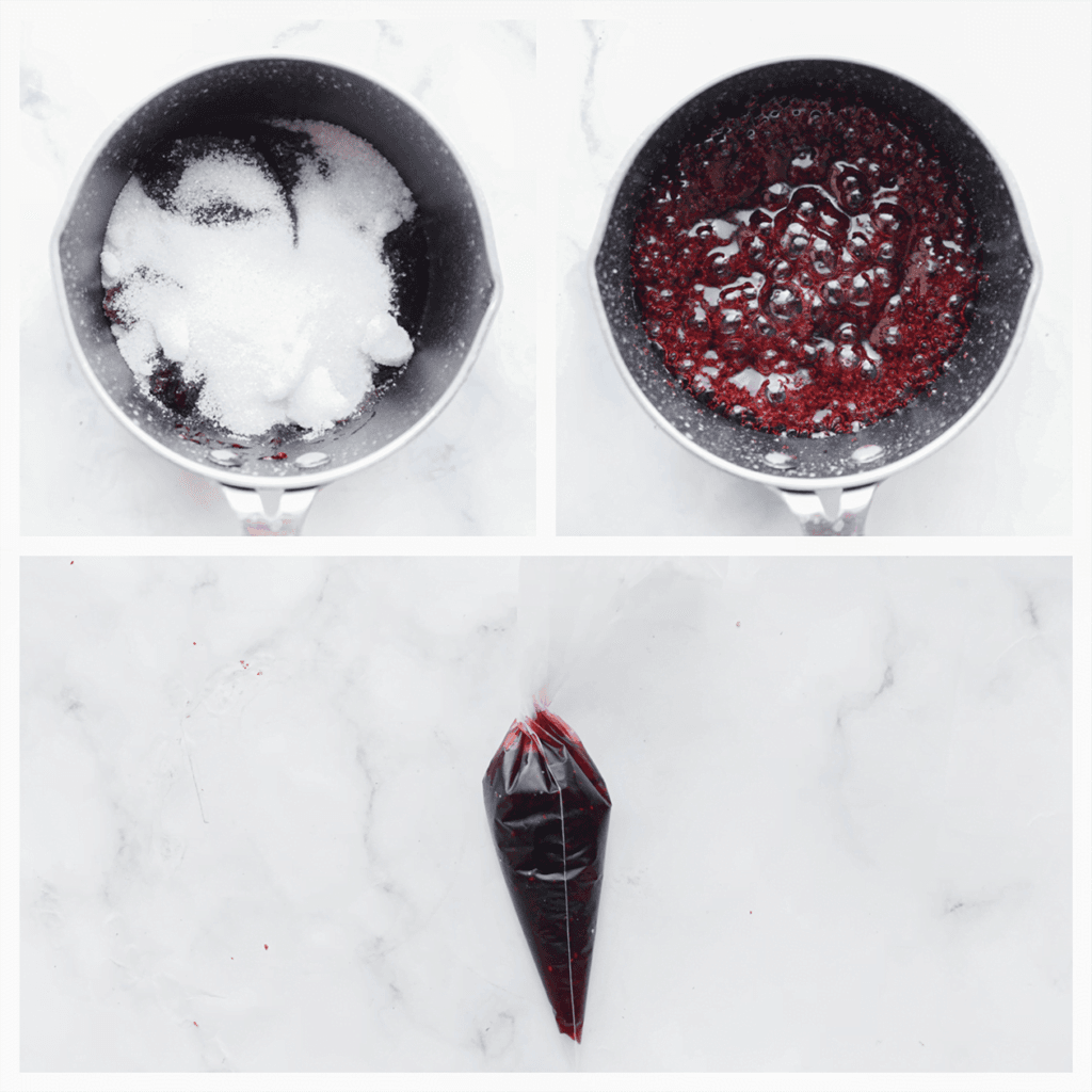 Doe de aardbeienjam samen met de suiker in een steelpan. Kook dit samen op niet al te hoog vuur. Als het begint te borrelen en de suiker is opgelost, is het klaar. Laat het even afkoelen en doe het in een spuitzak.