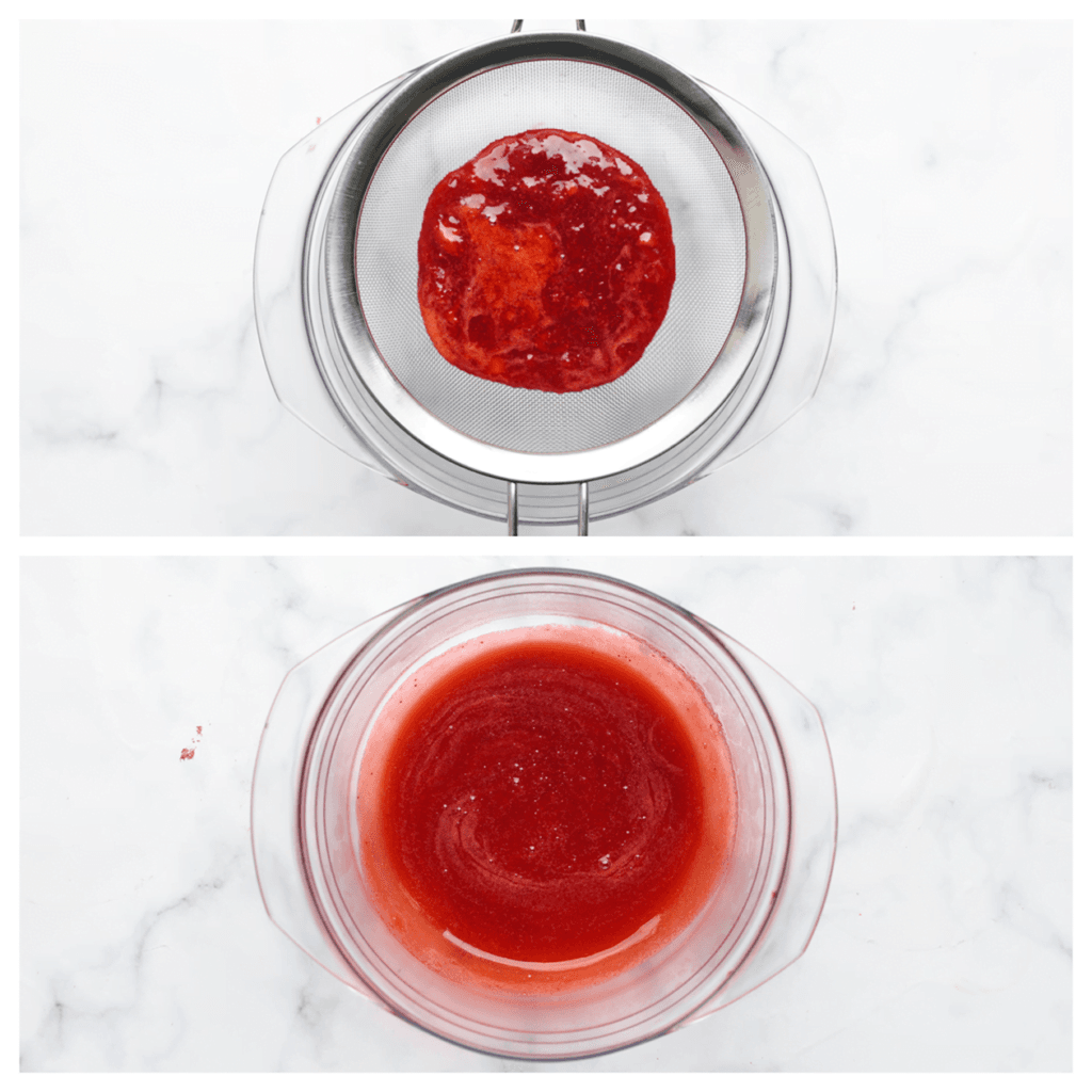 Plaats een zeef boven een kom. Haal het aardbeienmengsel door de zeef en duw het met behulp van een lepel of spatel door de zeef.