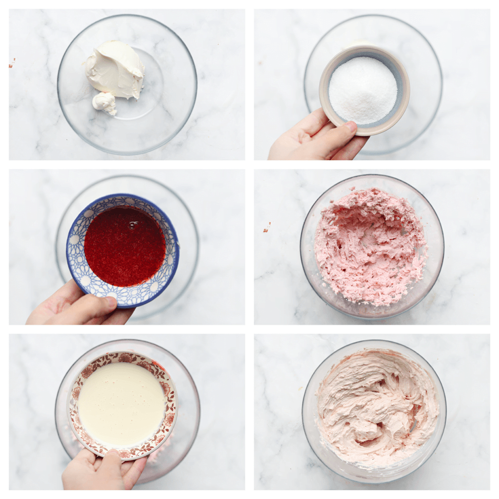 Doe de roomkaas samen met de klopfix, suiker en vanillesuiker in een diepe kom. Mix tot een gladde massa. Voeg 100 gr van het aardbeienmengsel toe en mix goed. Voeg vervolgens de ongeklopte slagroom beetje bij beetje toe en mix totdat de room stijf is.