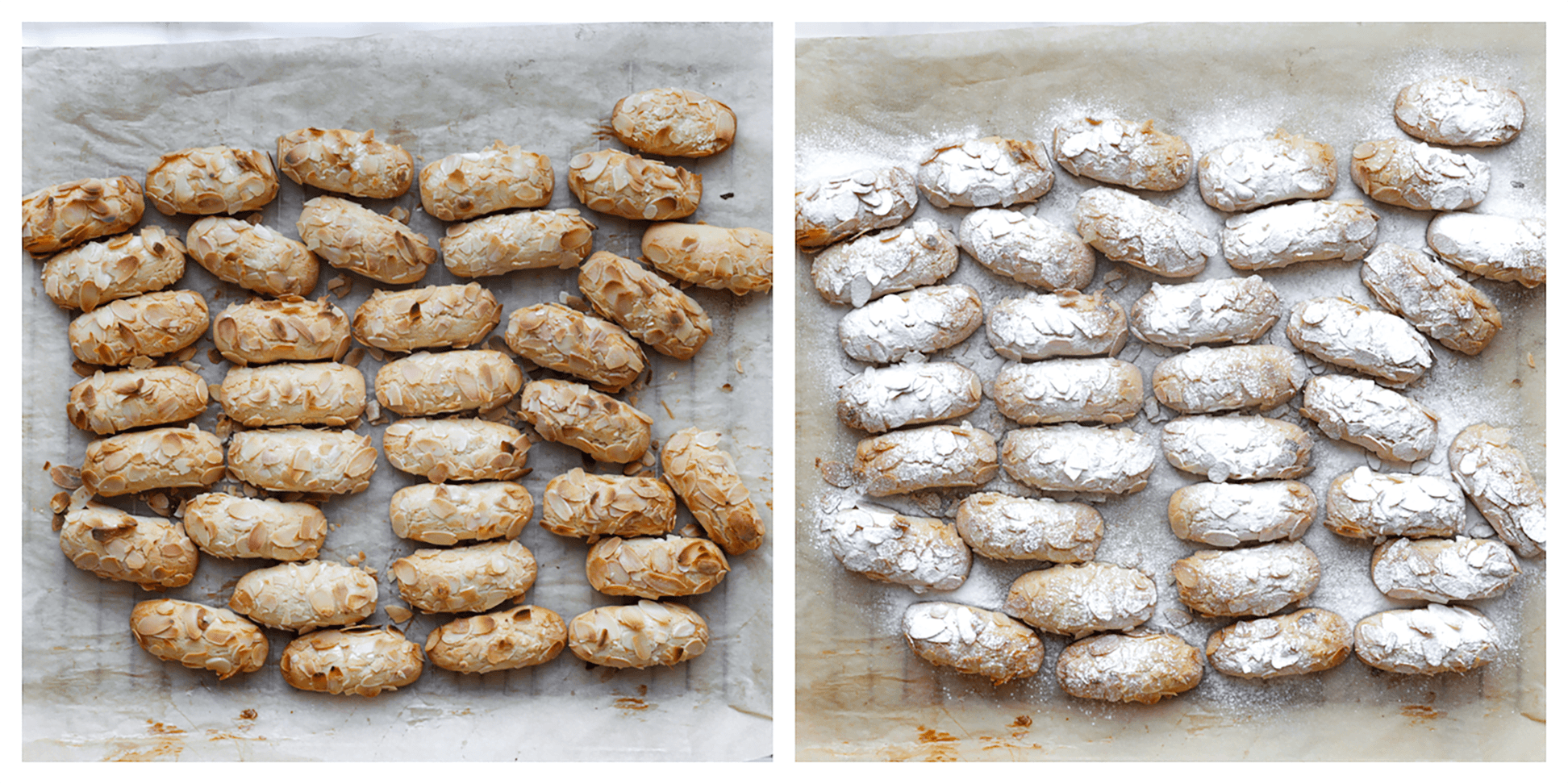 Amandelspijskoekjes garneren met poedersuiker