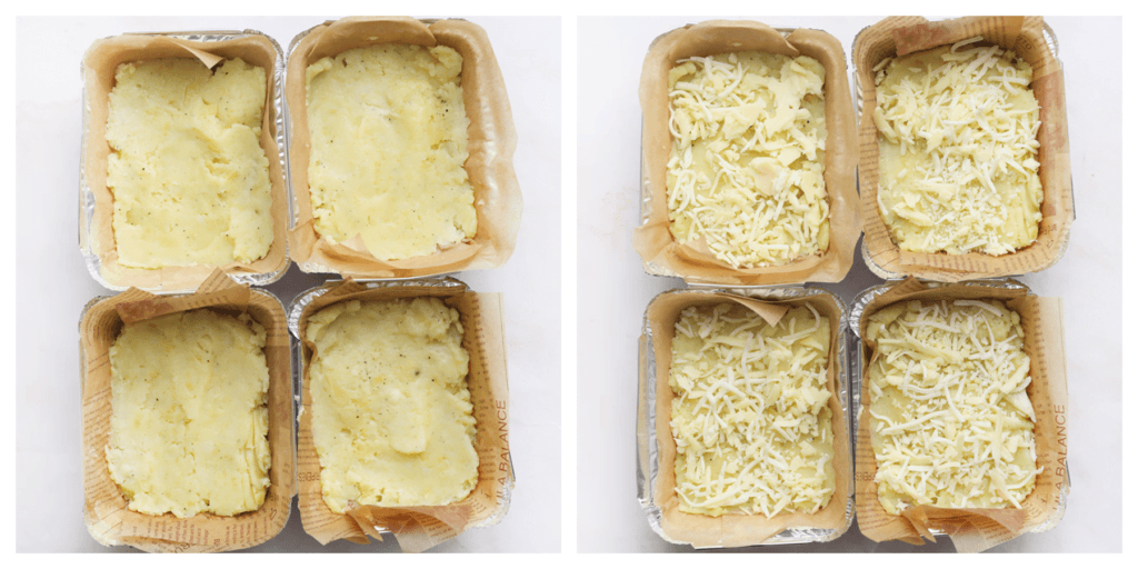 Verdeel een laagje aardappelpuree over een kom/bak. Strooi er wat geraspte kaas op. Zet het in een voorverwarmde oven op 200 ℃. Bak 5-8 minuten of tot de kaas volledig is gesmolten.