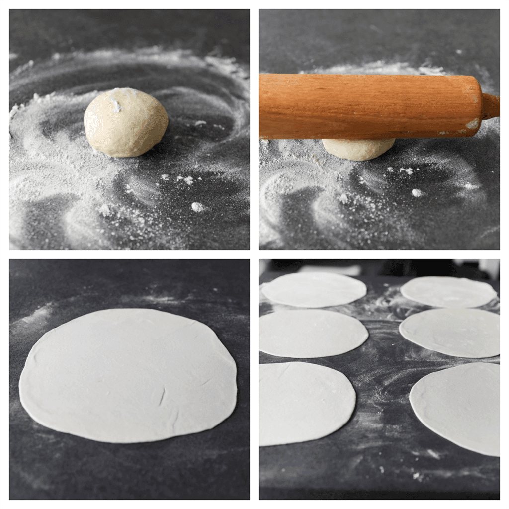 Stort het bolletje deeg op een met bloem bestoven werkplek en rol het uit tot een ronde lap van 25 cm. Herhaal de werkwijze.