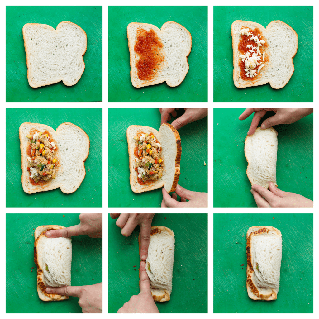 Neem een sneetje brood en smeer er wat tomatensaus op. Strooi er vervolgens wat geraspte kaas op. Schep er wat van het tonijnmengsel op en druk de randen goed dicht. Snijd vervolgens de randen van het broodje weg.