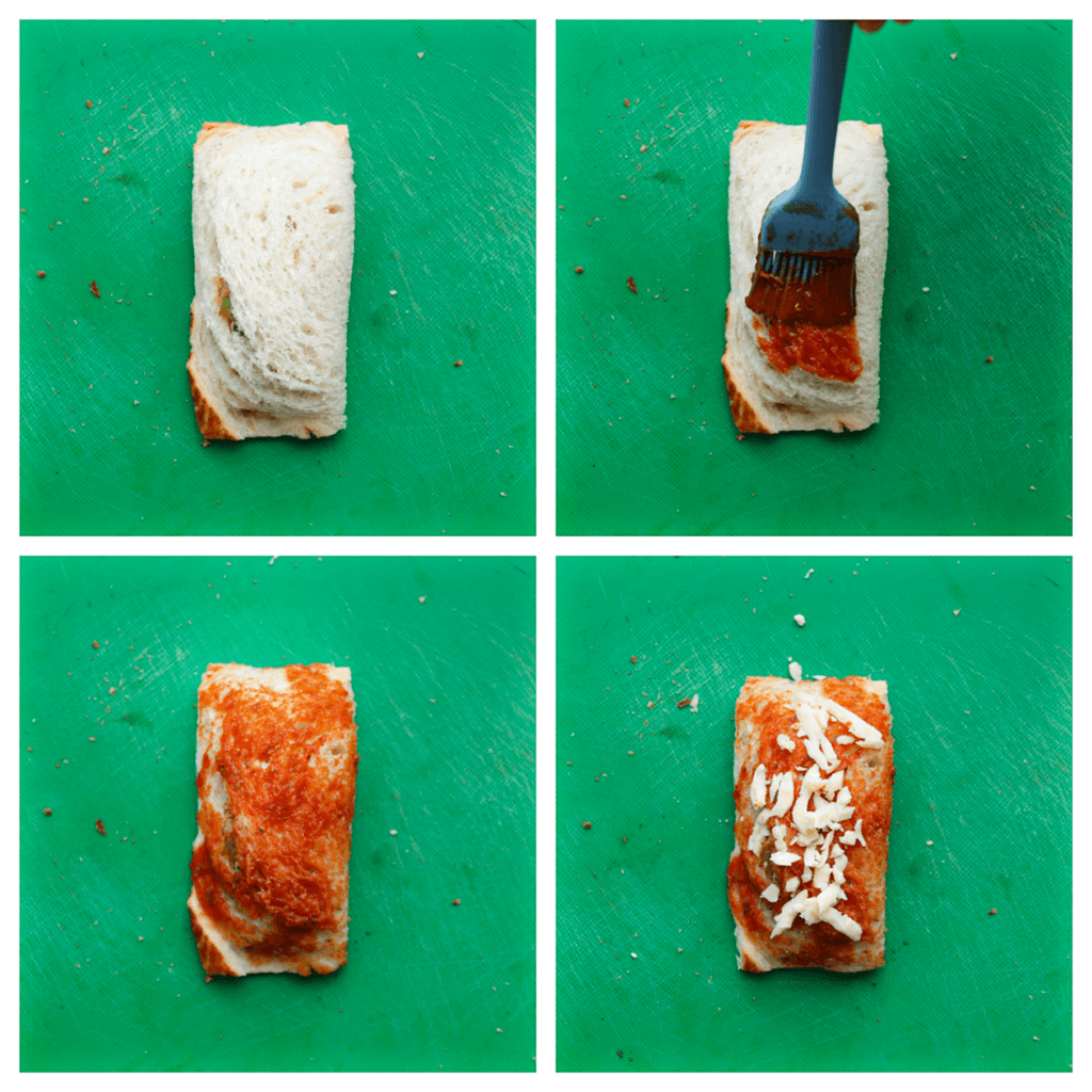 Garneer het broodje met wat tomatensaus en geraspte kaas.