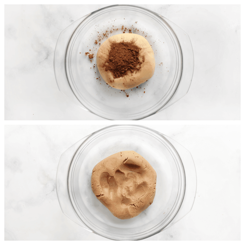 Neem het tweede stuk van het koekjesdeeg en doe dit in een diepe kom. Voeg het cacaopoeder toe en meng tot een geheel.