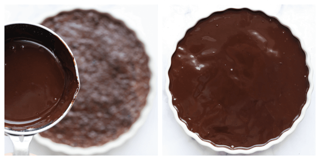 Voeg de ganache toe bovenop het dessert en verdeel het gelijkmatig. Zet het dessert afgedekt 30-60 minuten in de koelkast.