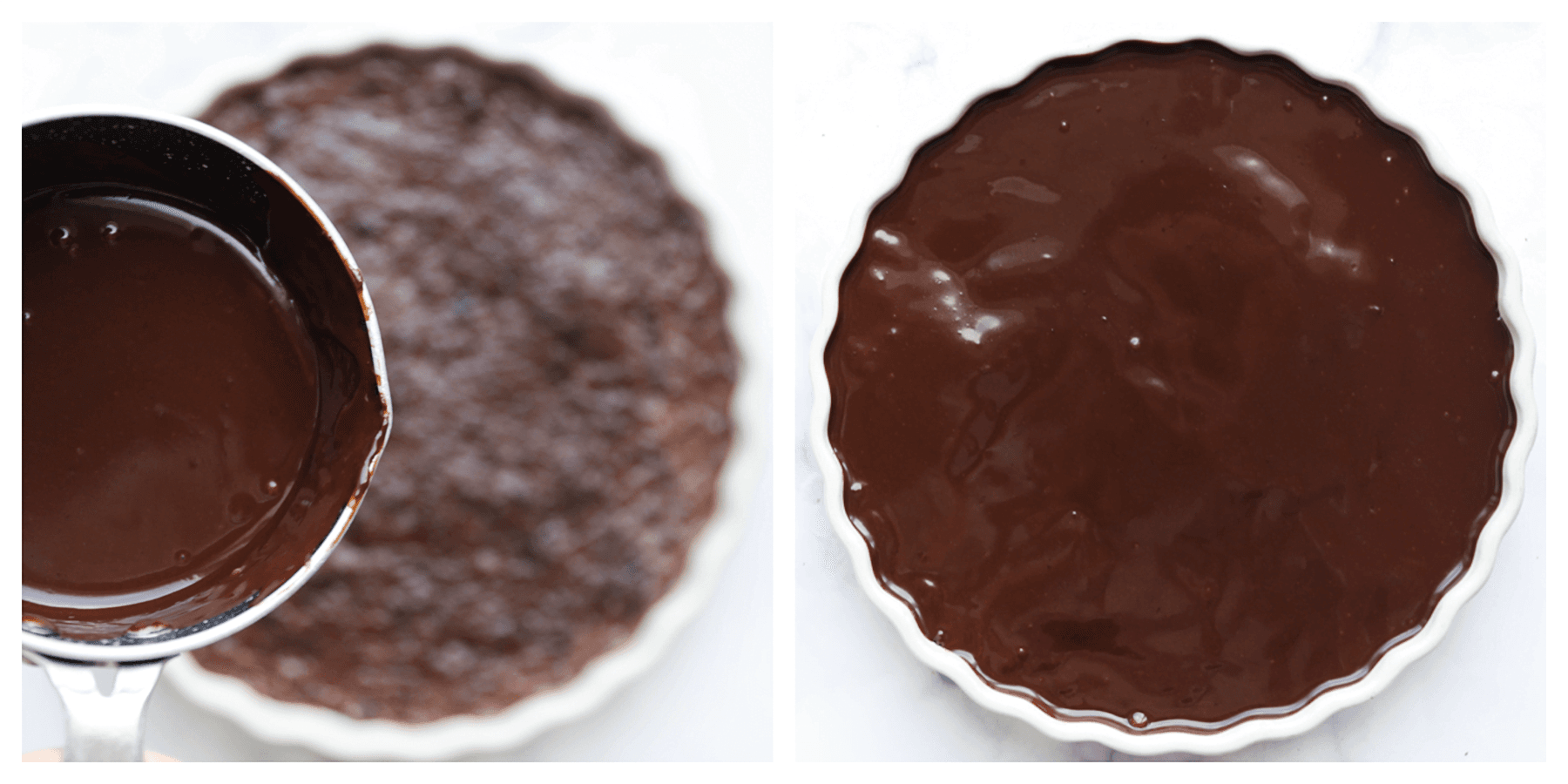 Chocolade ganache verdelen over de topping van het dessert