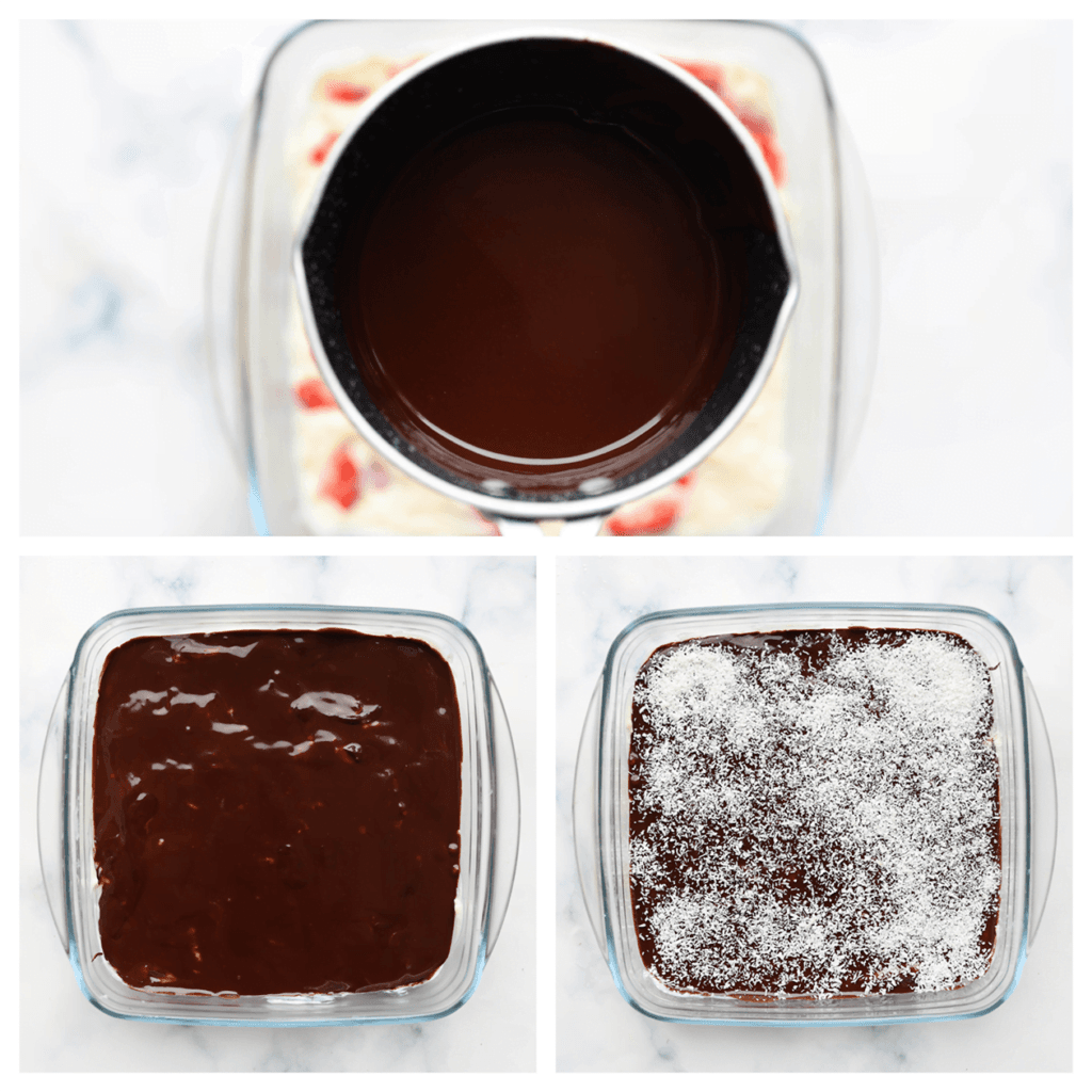 Voeg de ganache toe en verdeel deze gelijkmatig over de bovenkant. Garneer met wat geraspte kokos.