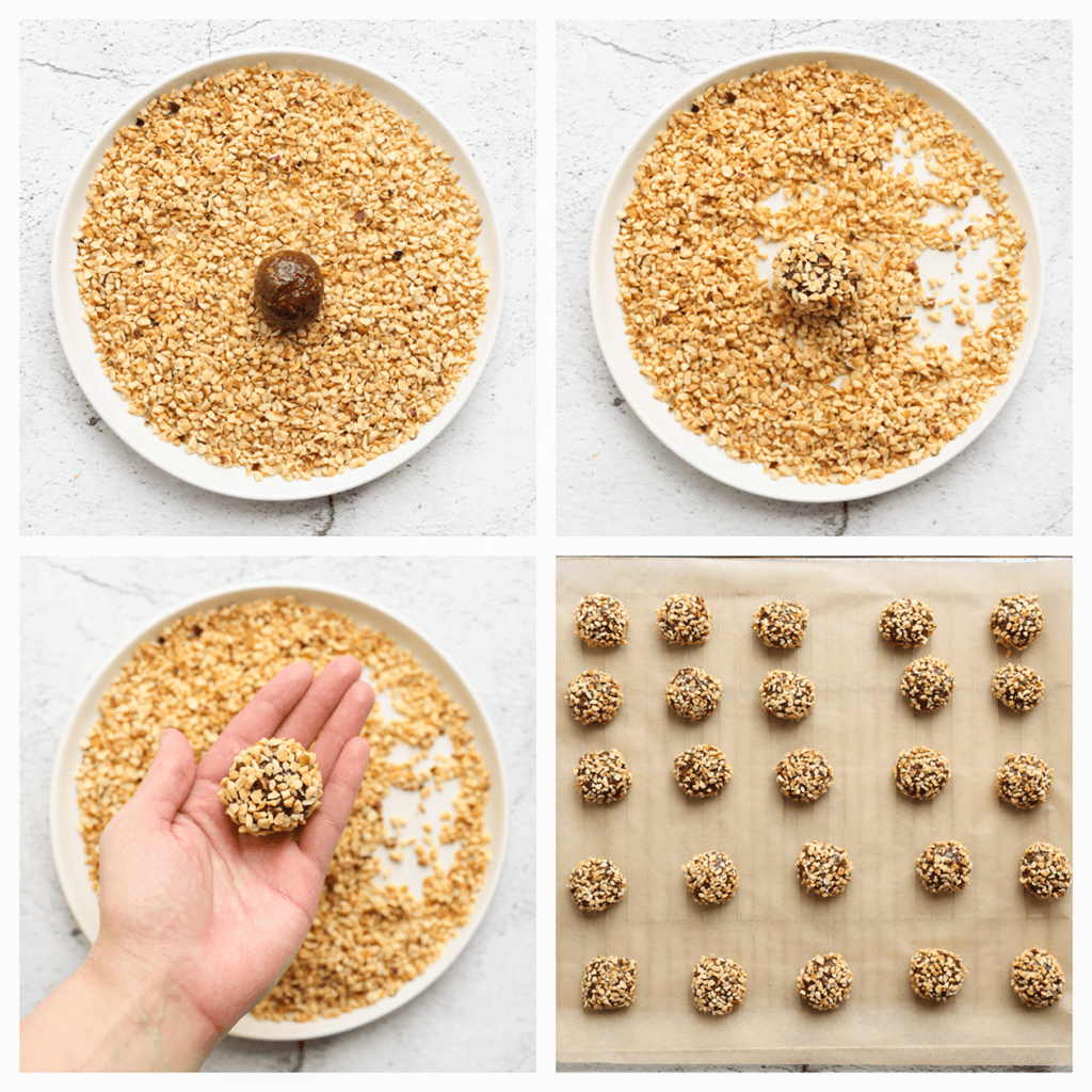 Doe wat gehakte hazelnoten op een bord. Rol de chocoladebolletjes goed door de hazelnoten. Herhaal deze stap. Leg de chocolade-hazelnotenbollen op een vel bakpapier.