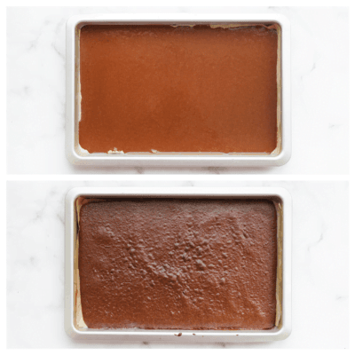 Vet de bakvorm goed in en leg er een vel bakpapier in. Voeg de helft van het chocoladebeslag toe en verdeel gelijkmatig. Zet de chocoladecake in een voorverwarmde oven op 190 ℃ en bak gedurende 8 minuten. Haal de chocoladecake uit de oven en haal deze voorzichtig uit de bakvorm. Herhaal de werkwijze met het overige cakebeslag. Laat de cakes afkoelen.