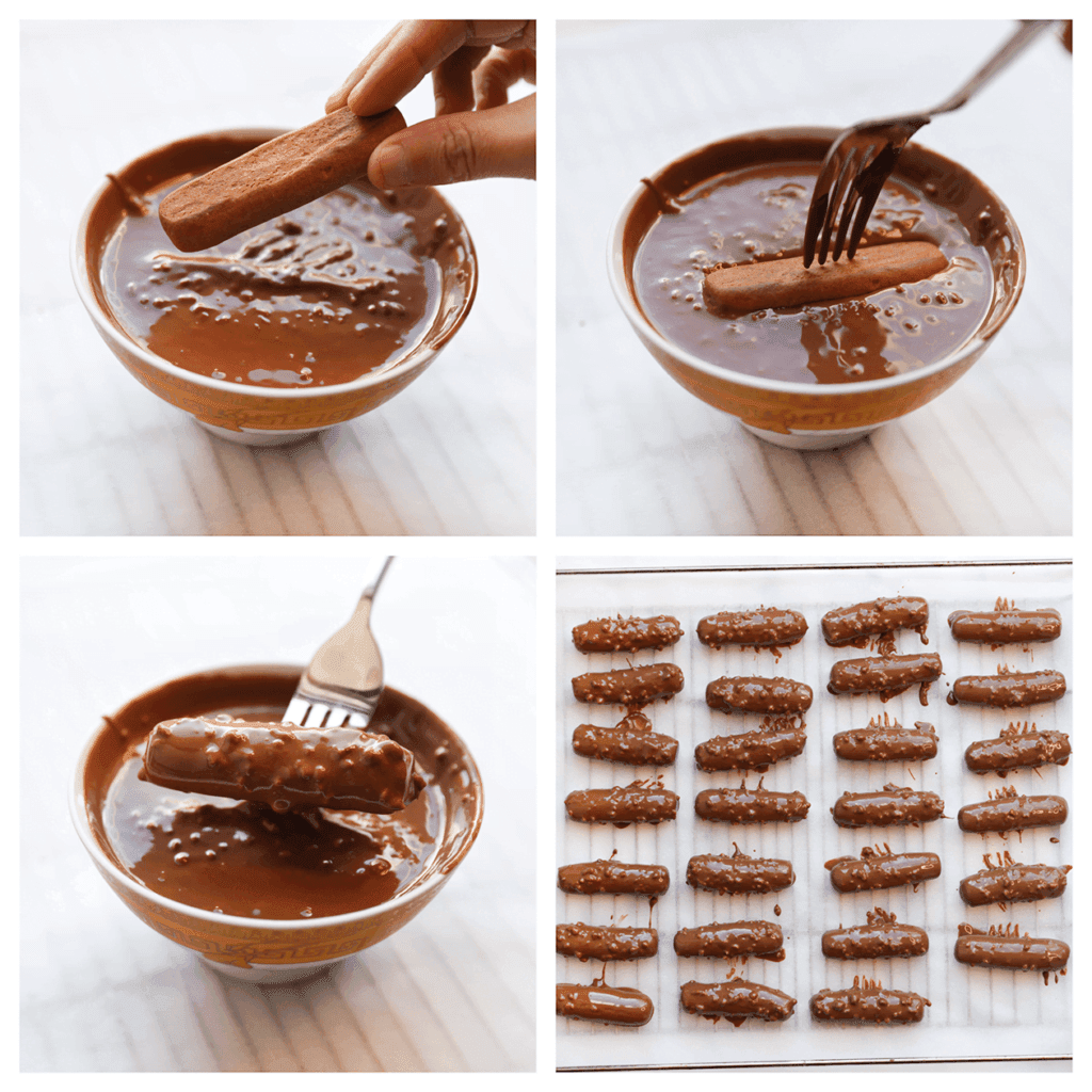 Neem een chocoladekoekje en dompel deze voorzichtig in het gesmolten chocolademengsel, zodat het koekje bedekt is met chocolade en hazelnoten. Haal het koekje uit het chocolademengsel en laat het teveel aan chocolade afdruipen. Leg het chocoladekoekje op een vel bakpapier, zodat het kan uitharden zonder aan elkaar te plakken. Laat de chocolade stevig worden, dit is afhankelijk van de temperatuur en luchtvochtigheid in de omgeving. Je kunt het ook even in de koelkast of vriezer leggen.