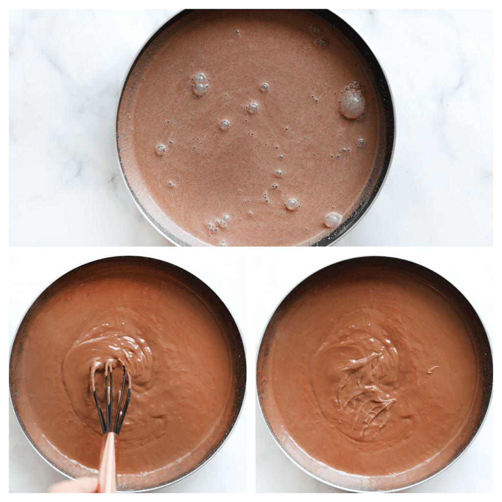 Doe het cacaomengsel in een diepe pan en kook al roerend op een niet al te hoog vuur. Haal de pan van het vuur wanneer het mengsel dikker wordt. Laat het iets afkoelen.