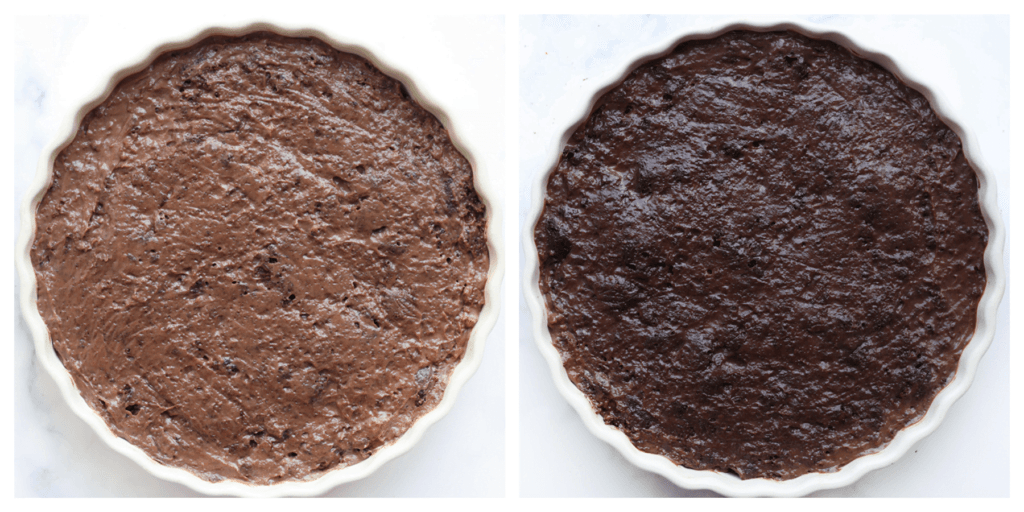 Doe het chocolademengsel in een (oven)schaal en verdeel het gelijkmatig. Zet het dessert 30 minuten in de koelkast om op te stijven.